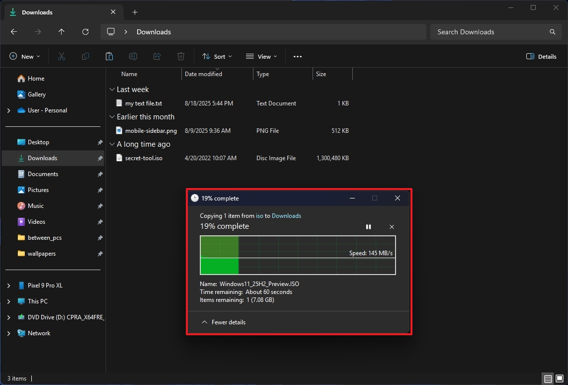 Темный режим в диалоговом окне копирования файлов