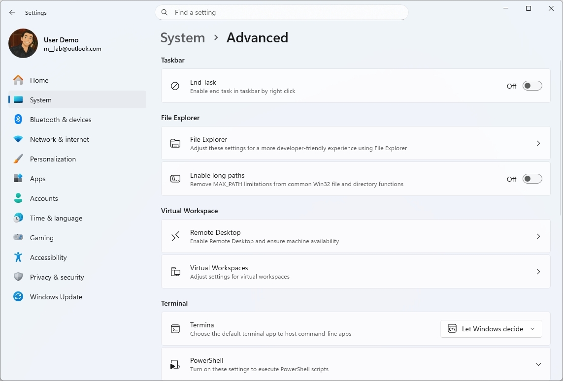 Страница "Расширенные" в приложении "Параметры"