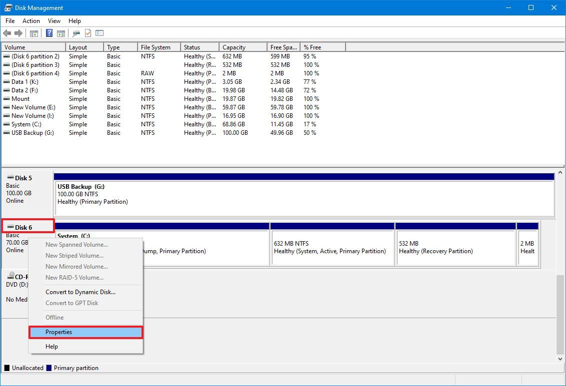 Disk Management open properties