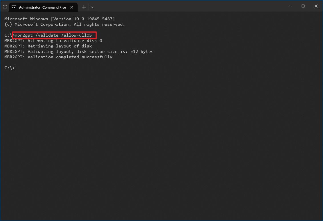 mbr2gpt validate allowfullos command
