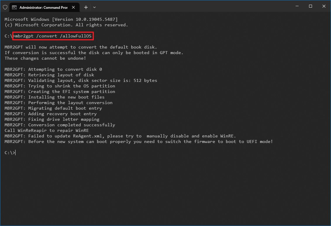 mbr2gpt convert allowfullos