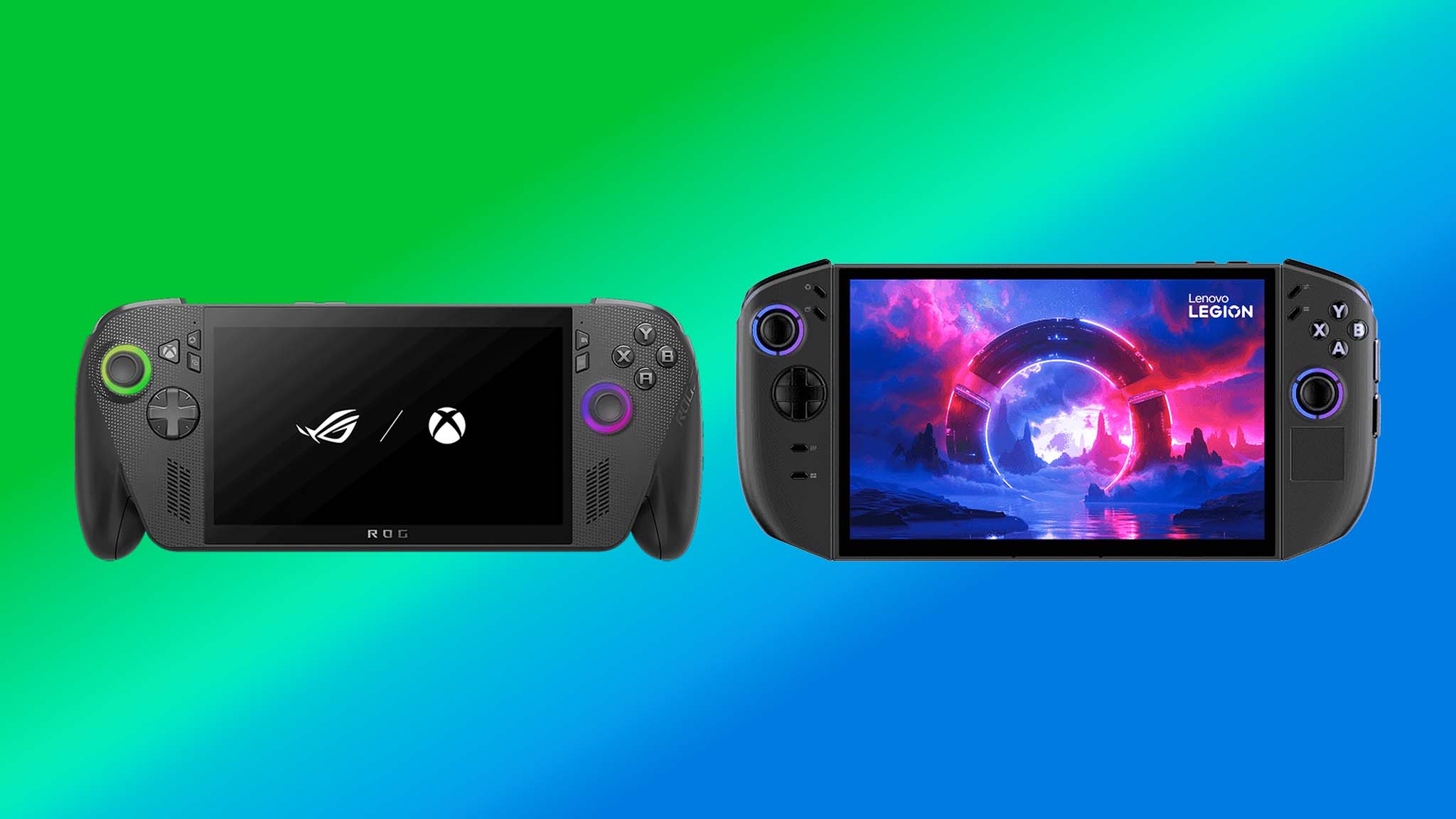 Xbox Ally X и Legion Go 2, расположенные лицом к лицу на зеленом и синем фоне.