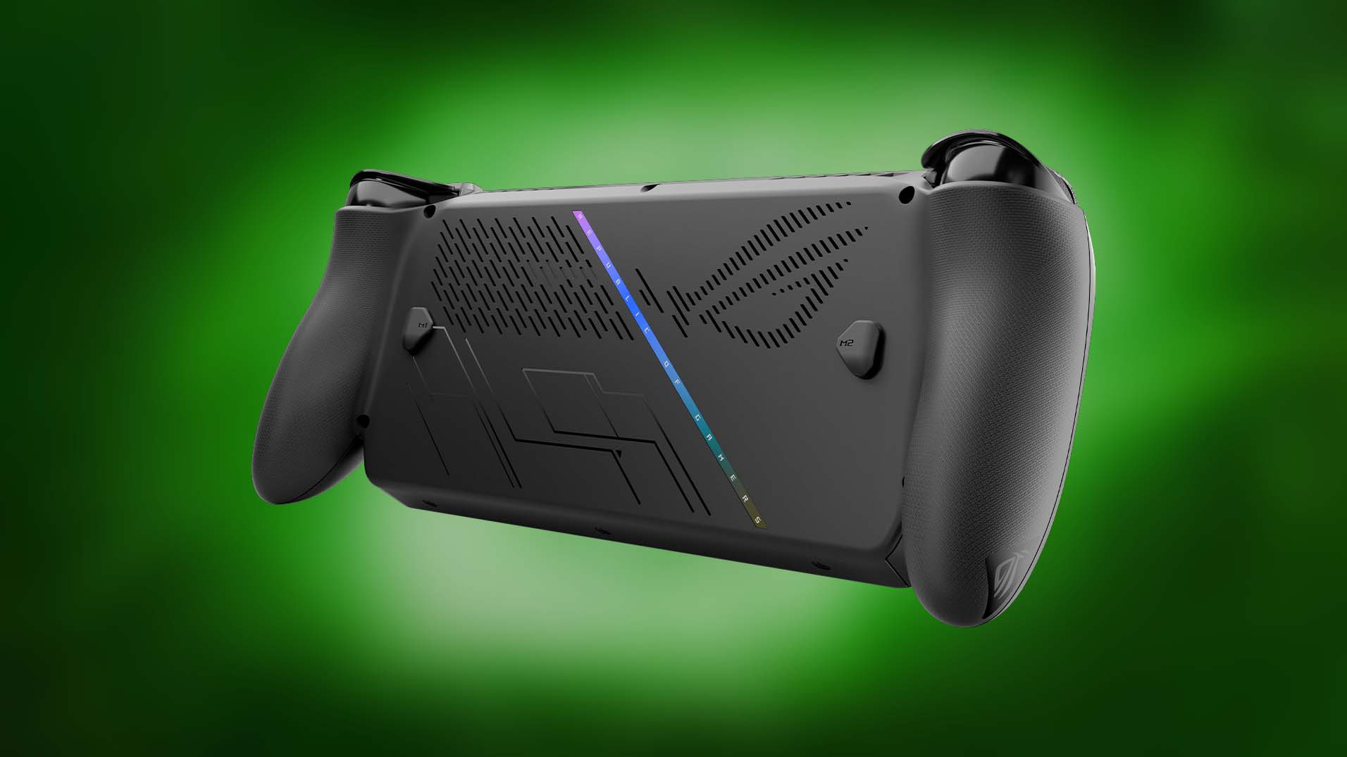Задняя часть Xbox Ally X на зеленом фоне.