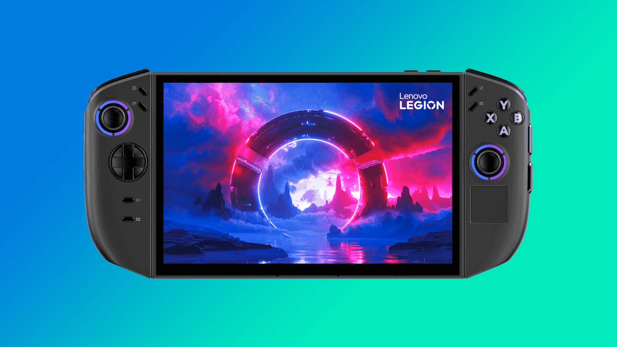 Lenovo Legion Go 2 на синем и зеленом фоне.