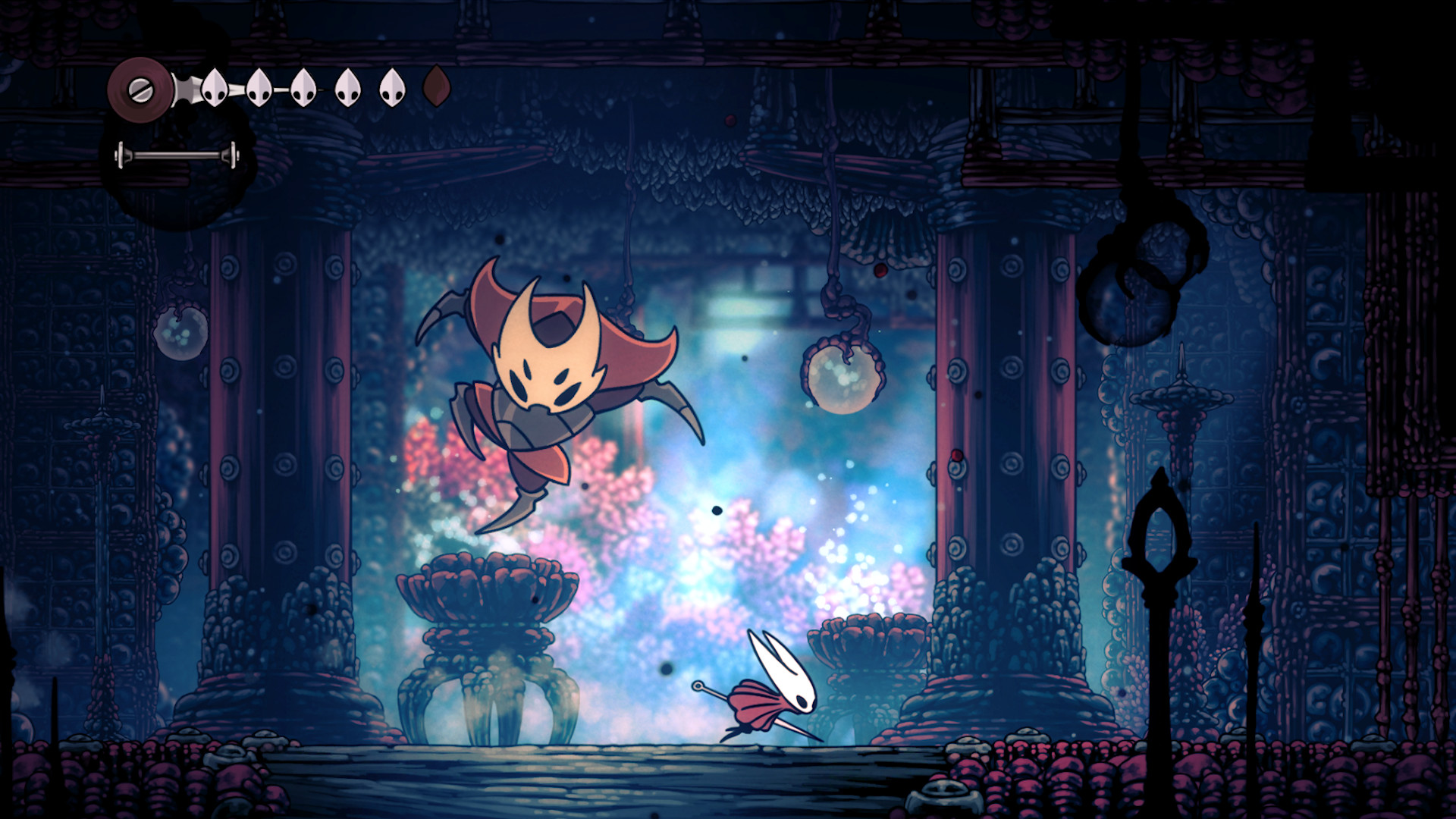 Скриншот из Hollow Knight: Silksong, где игрок сражается с боссом