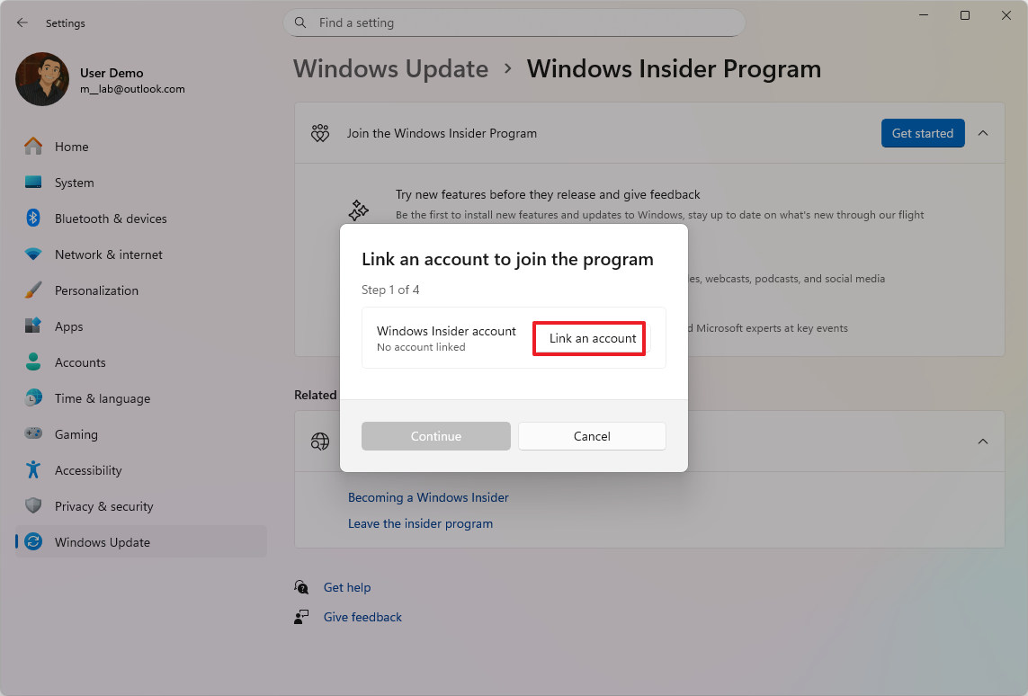 Windows Insider Program link Microsoft account