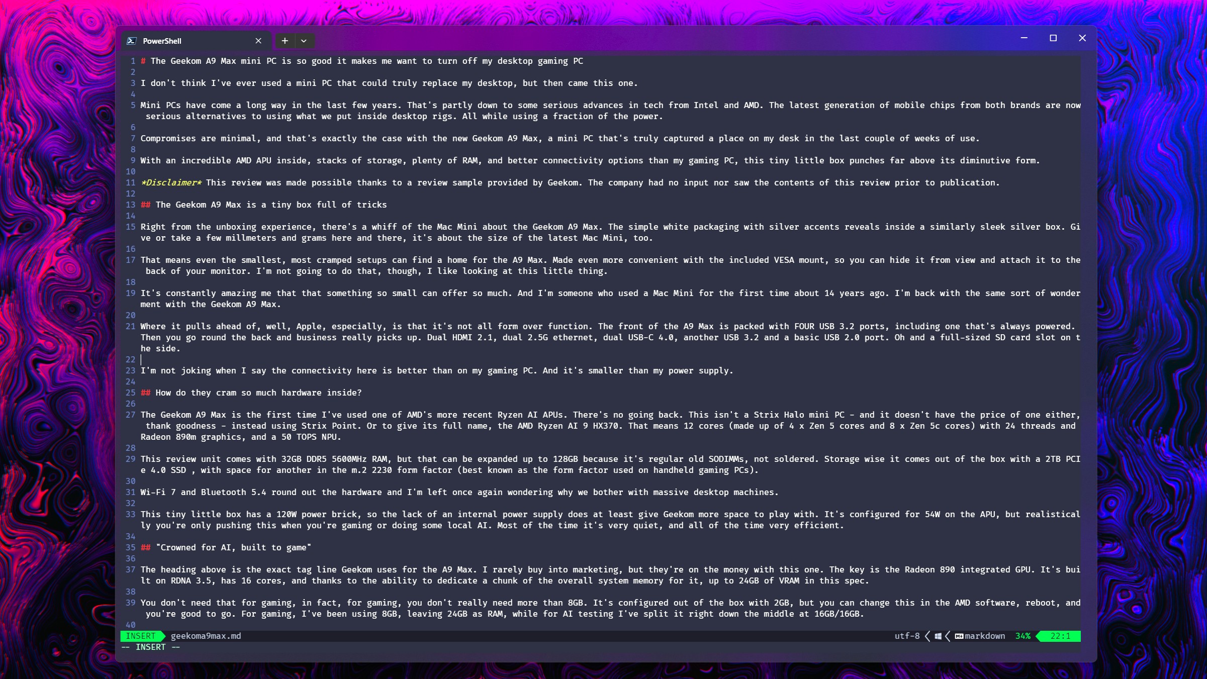 Как я пишу статьи в Neovim, запущенном в Windows Terminal на Windows 11.