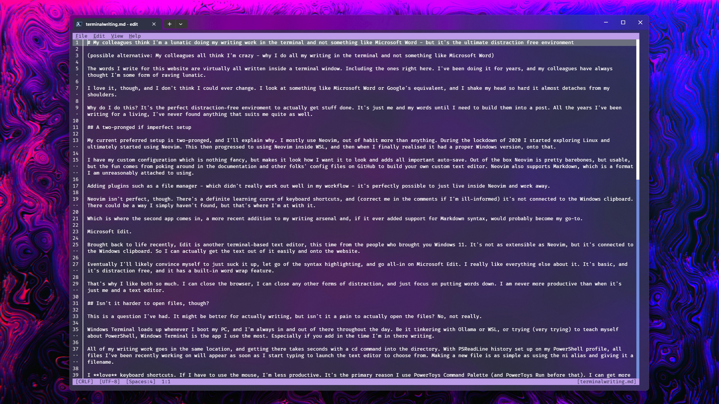 Текстовый документ, открытый в Microsoft Edit в Windows Terminal на Windows 11.