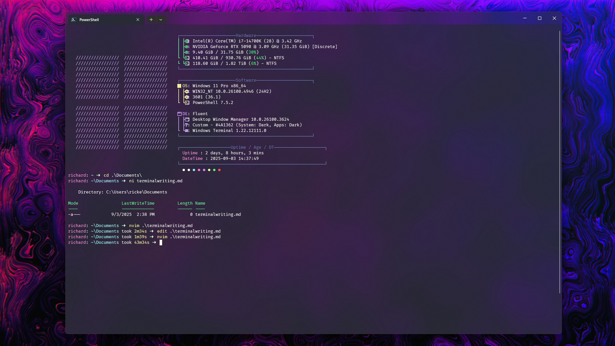 Использование PowerShell в Windows Terminal для открытия файлов в Microsoft Edit и Neovim, с таймером, показывающим, сколько времени занял каждый процесс.