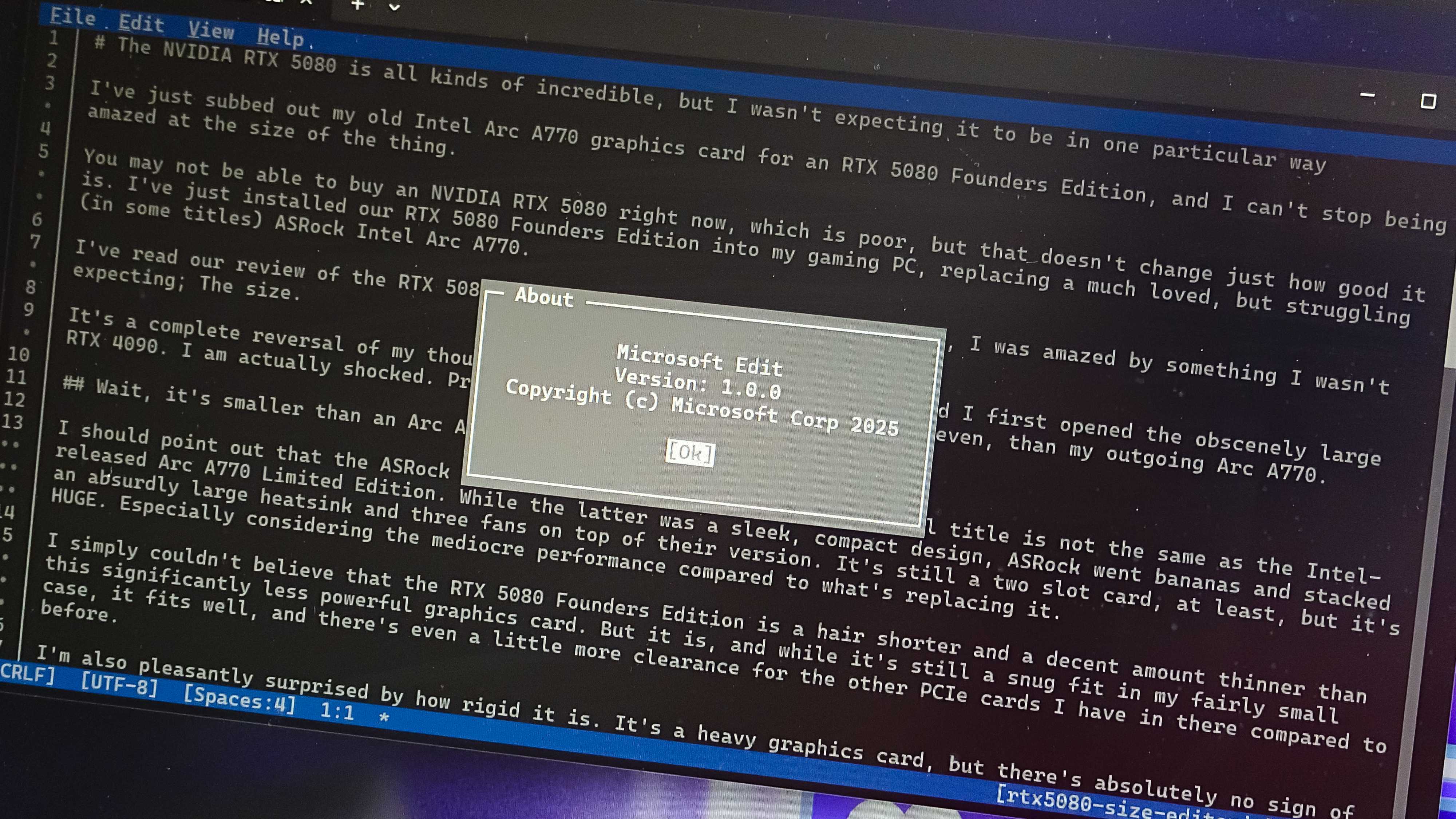 Новый текстовый редактор Microsoft Edit, запущенный в Windows Terminal.