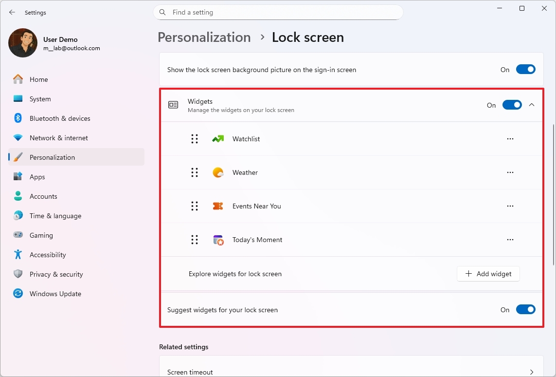 Lock screen new Widgets settings