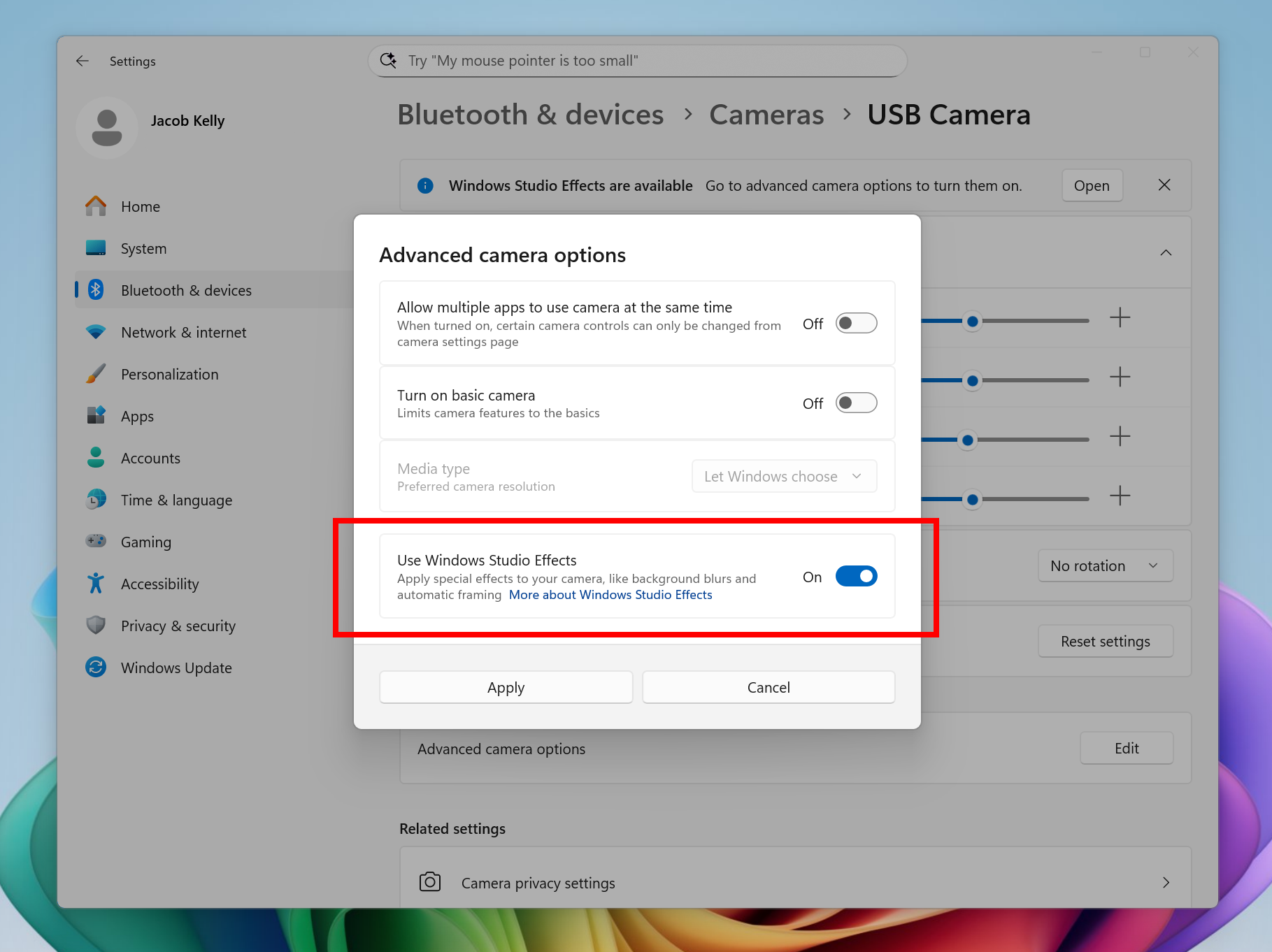 Настройки Windows Studio Effects