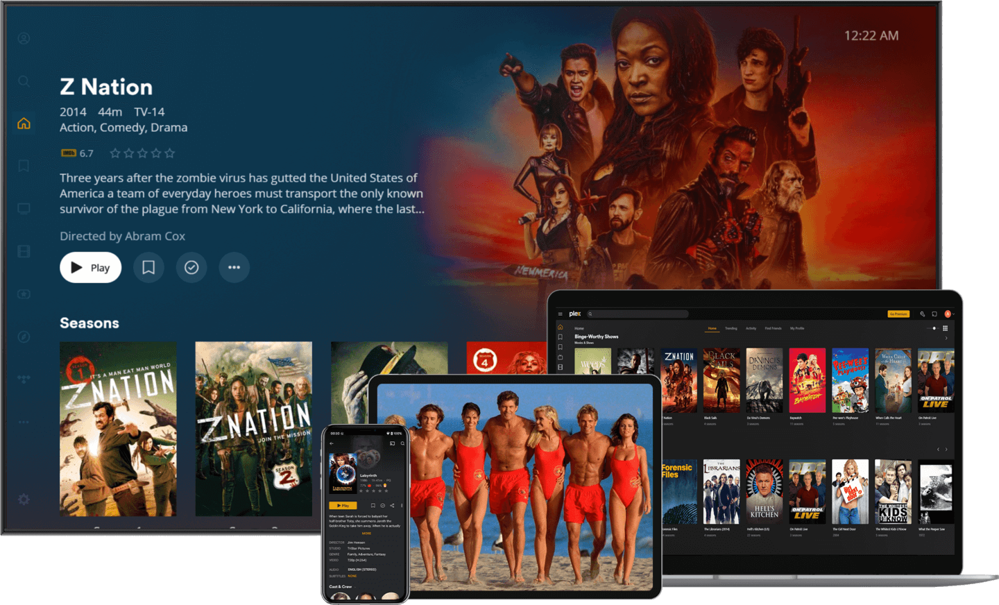 Приложение Plex, запущенное на телевизоре, ноутбуке, планшете и телефоне.