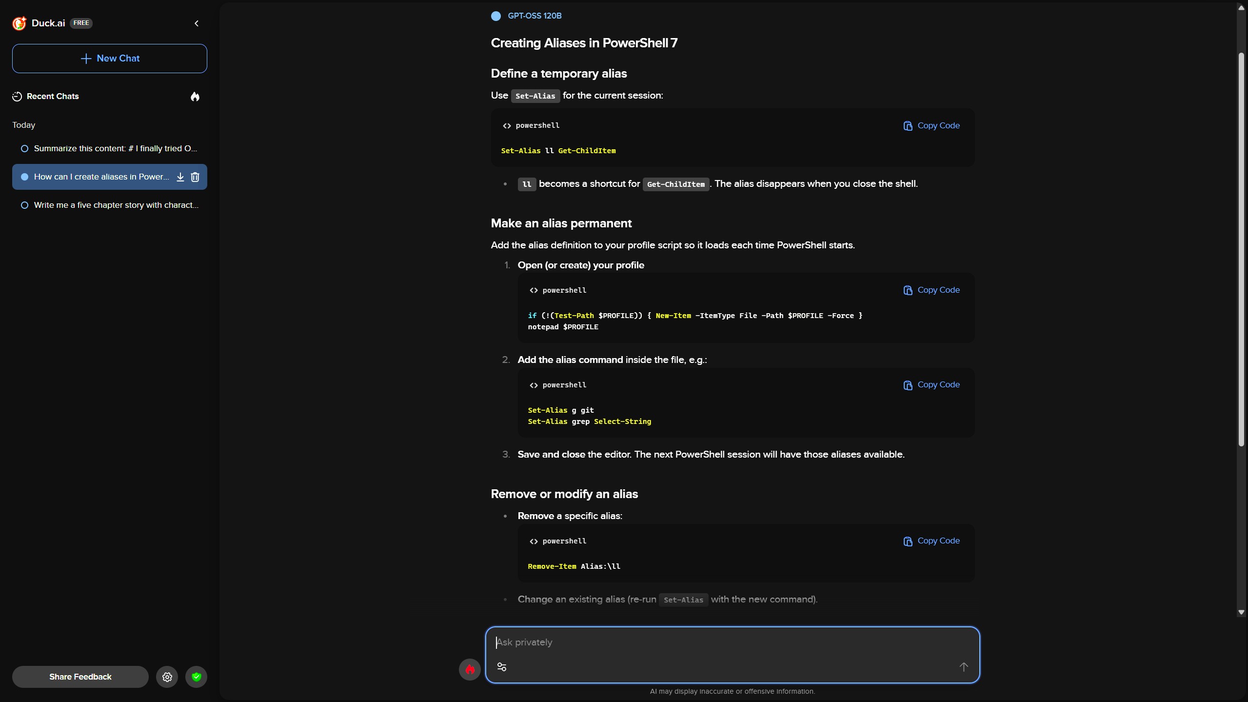 Использование gpt-oss:120b в Duck.ai для запроса информации о создании псевдонимов в PowerShell.