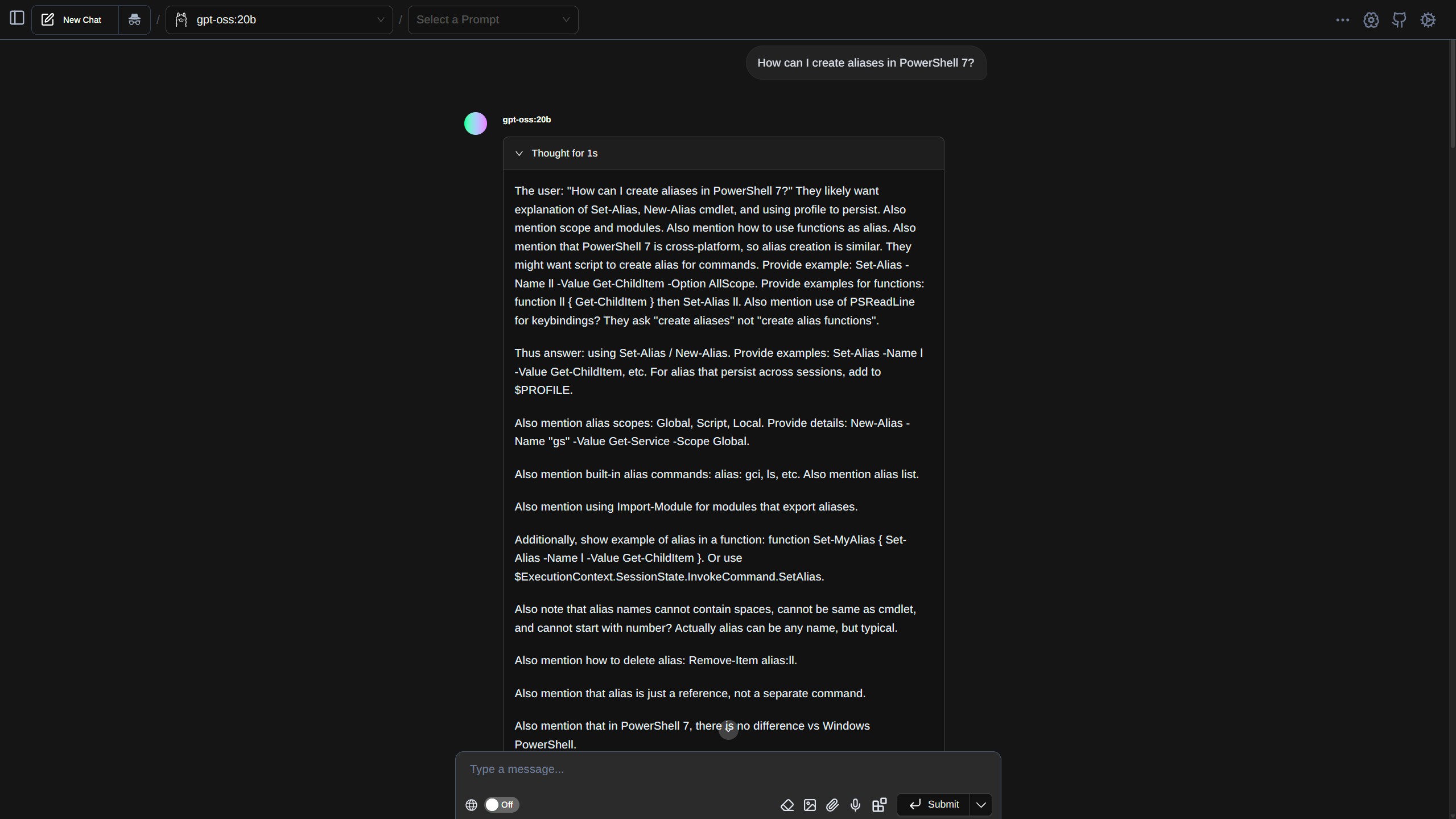 Отображение содержания мышления для gpt-oss:20b, запущенного с использованием Ollama.
