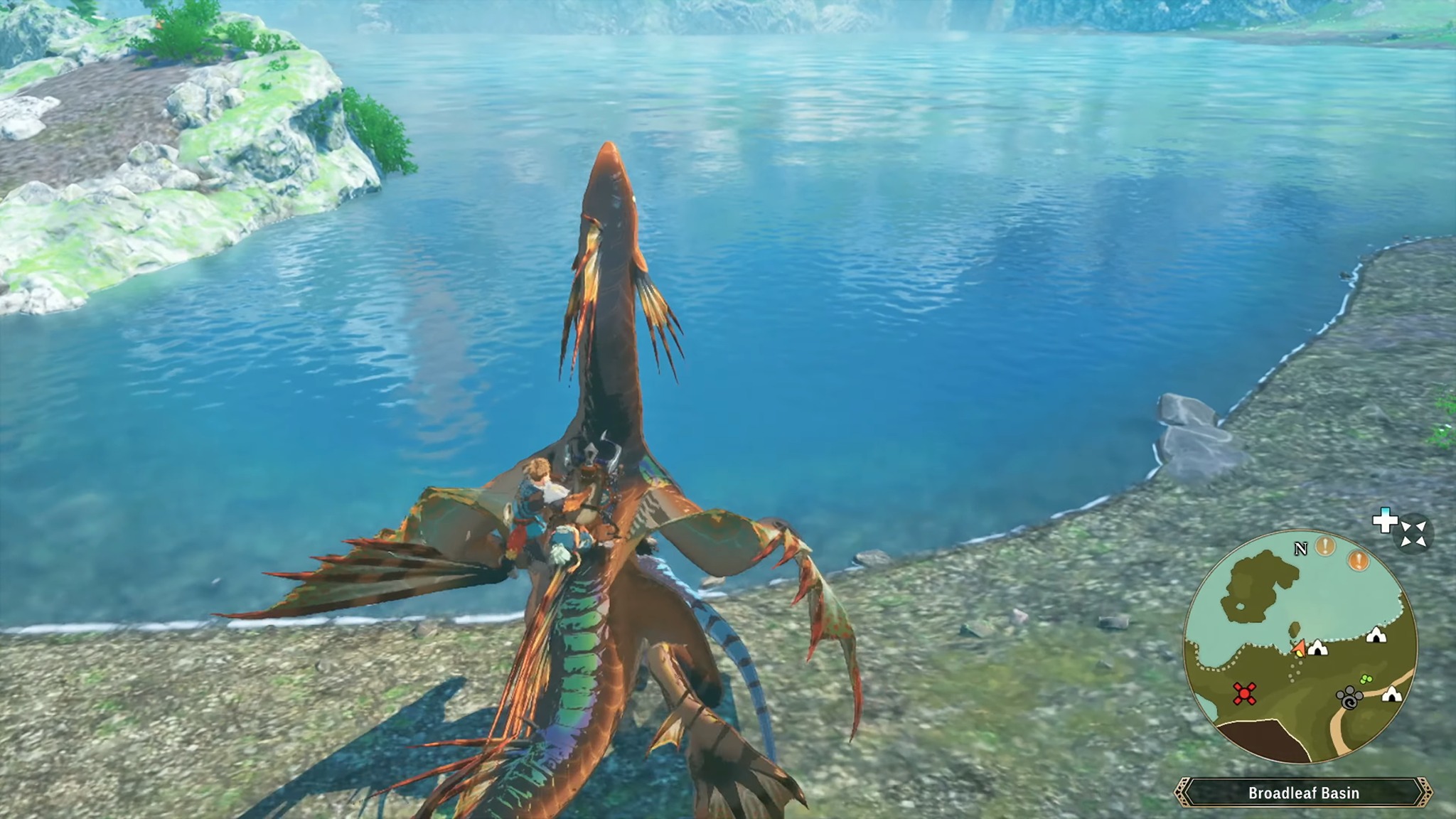Внутриигровой скриншот игрока, едущего на Плезиоте в Monster Hunter Stories 3: Twisted Reflection