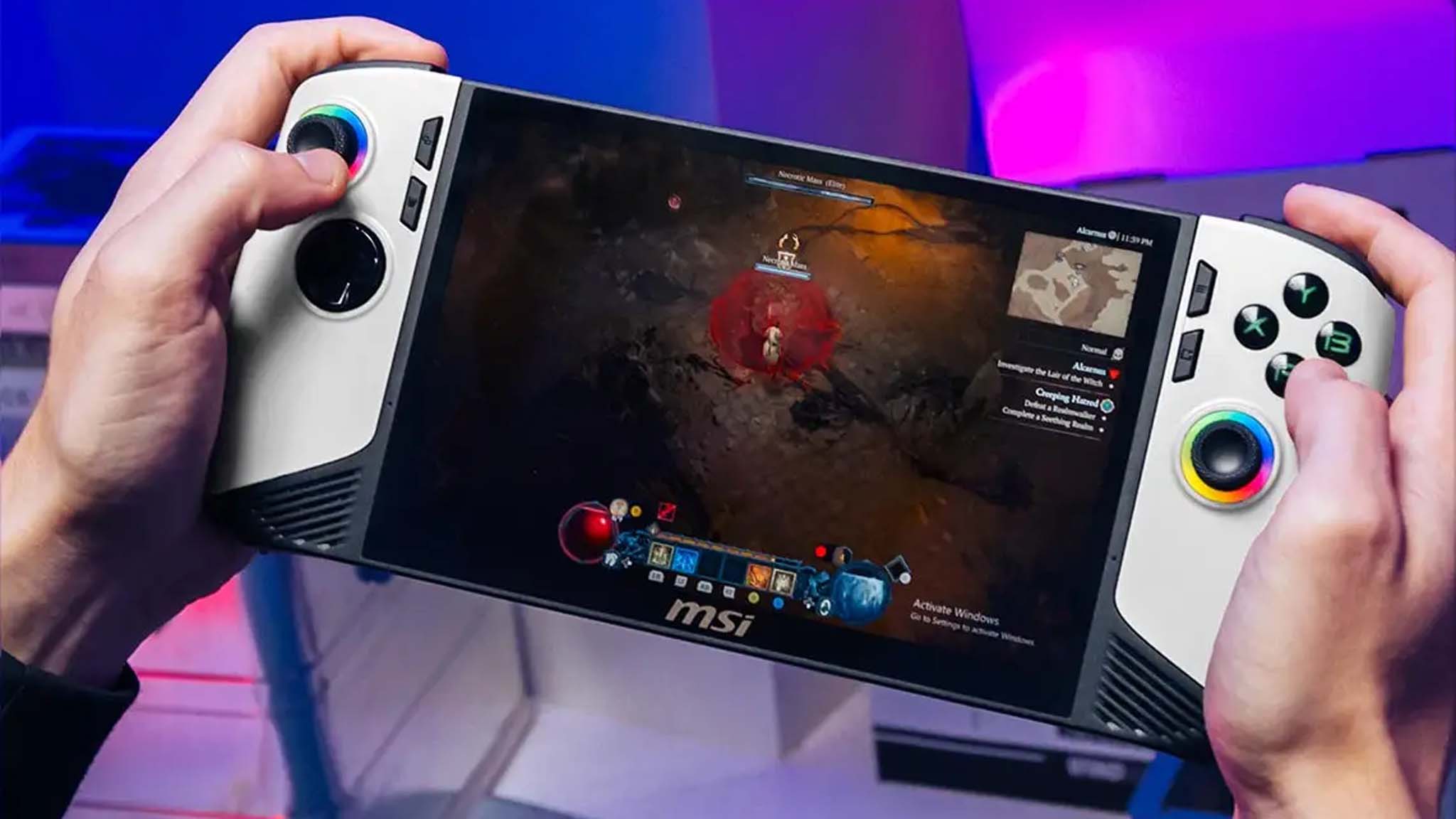 MSI Claw 8 AI+ Polar Tempest Edition being held in hands.