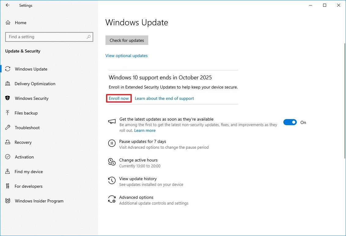 Windows 10 ESU enroll option