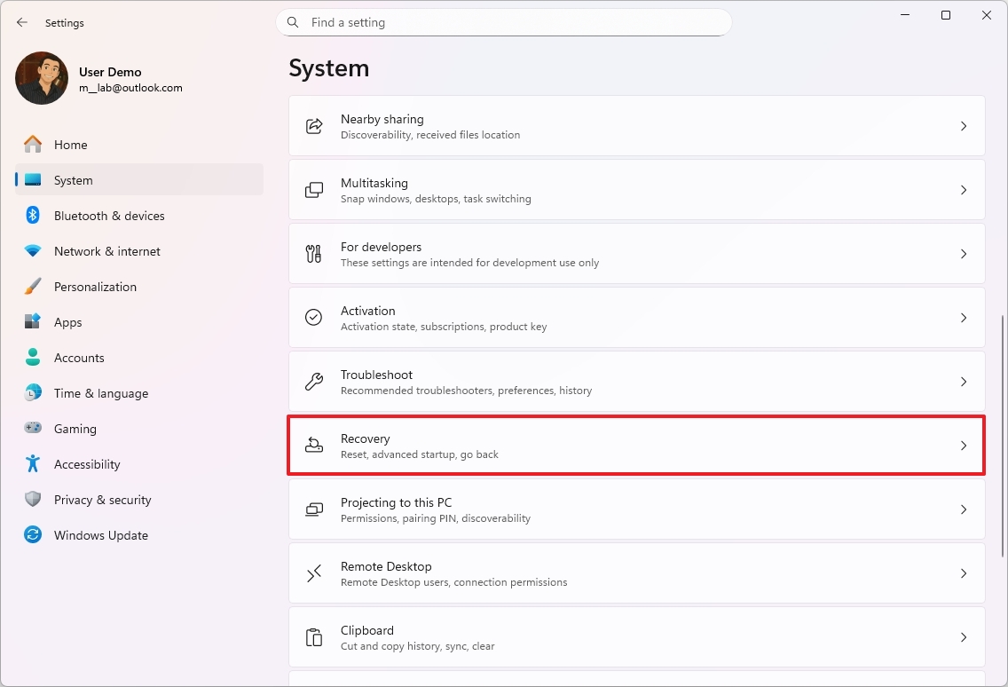 Открыть параметры восстановления