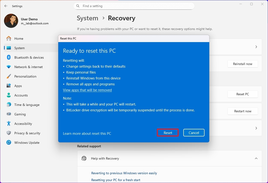 Сброс Windows 11