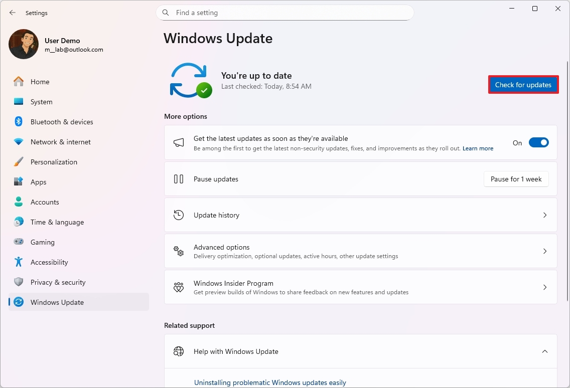Проверка наличия обновлений Windows 11