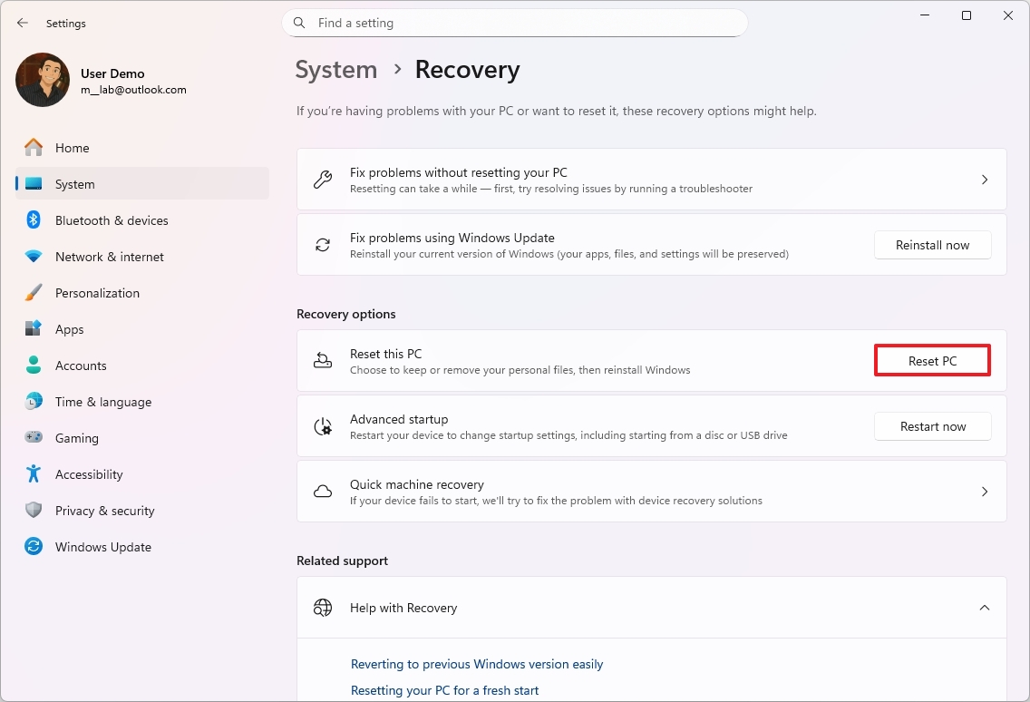 Вернуть компьютер в исходное состояние