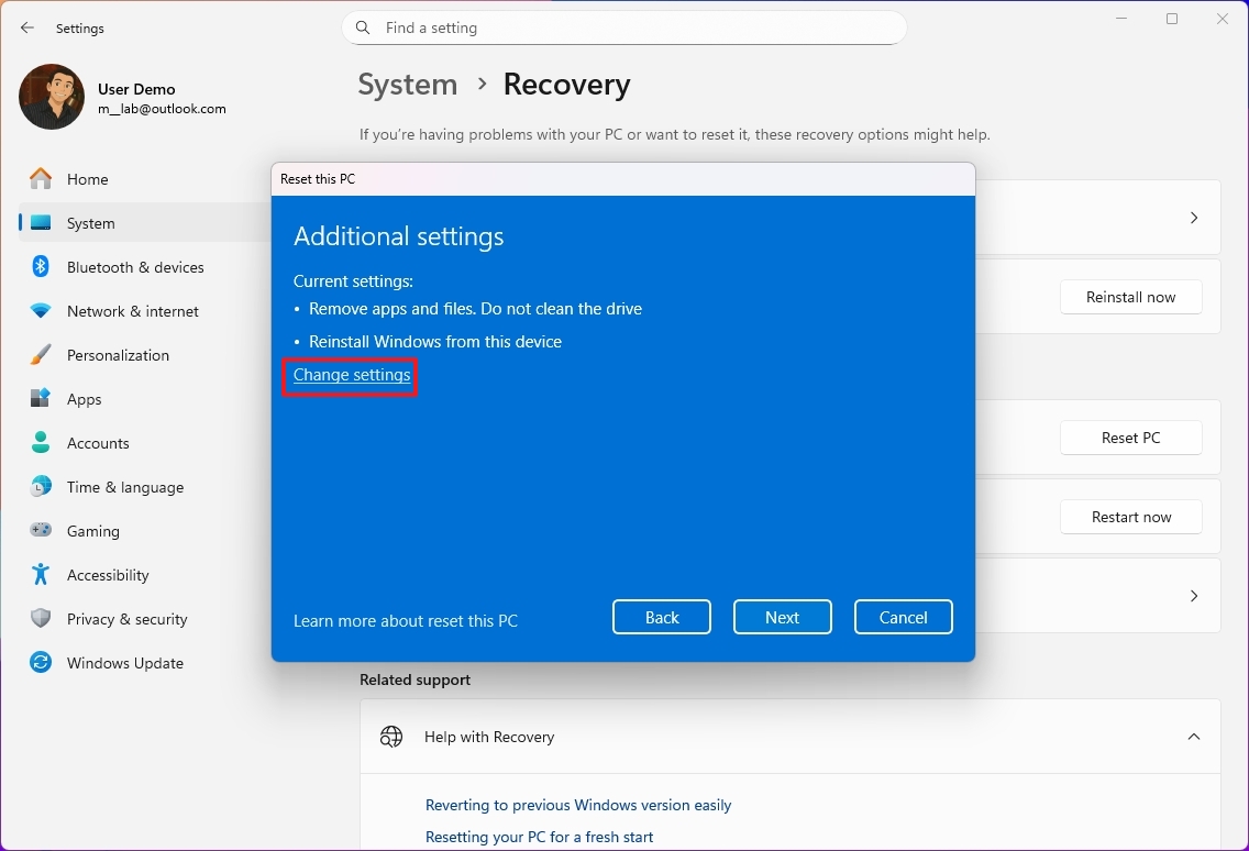 Изменить параметры сброса