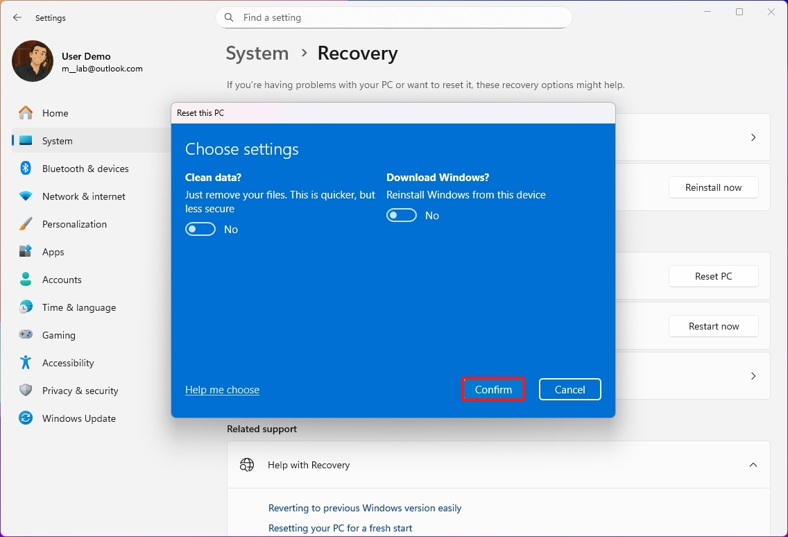 Подтвердить параметры сброса