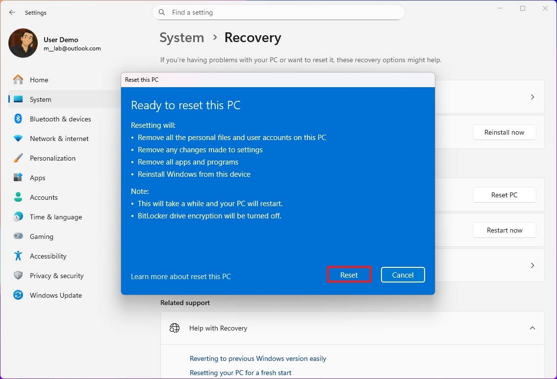 Windows 11 удалить все и сбросить