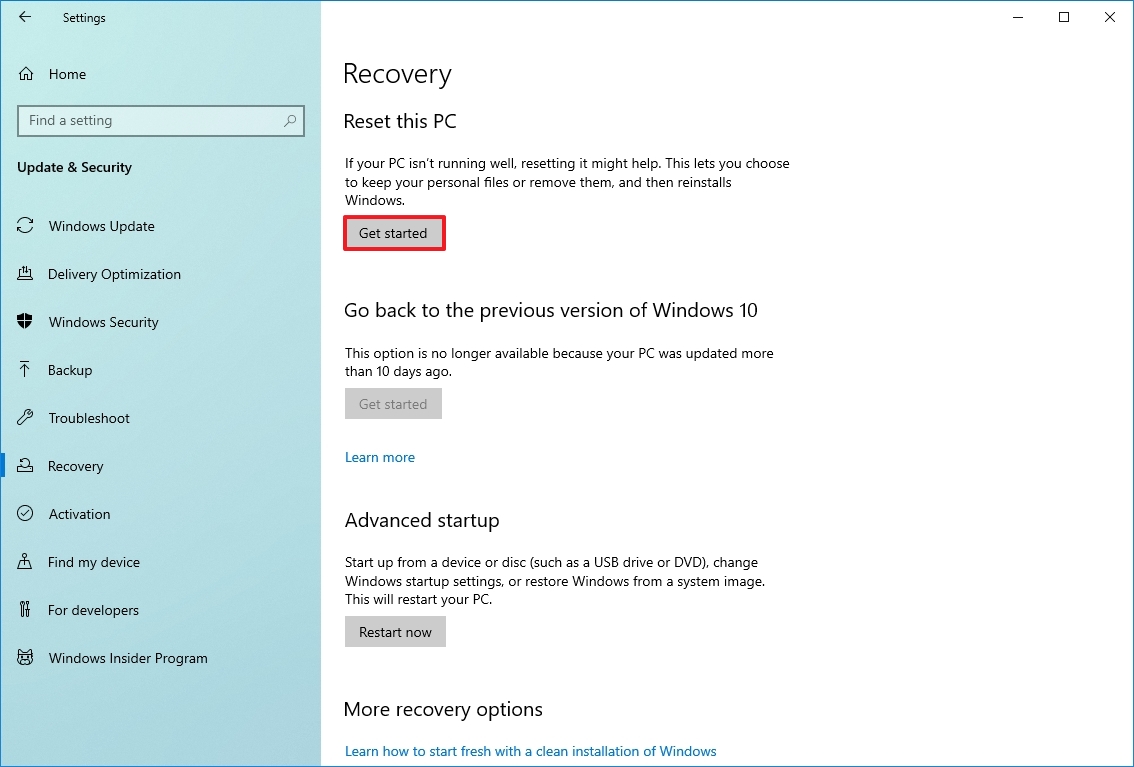 Опция "Вернуть компьютер в исходное состояние" в Windows 10
