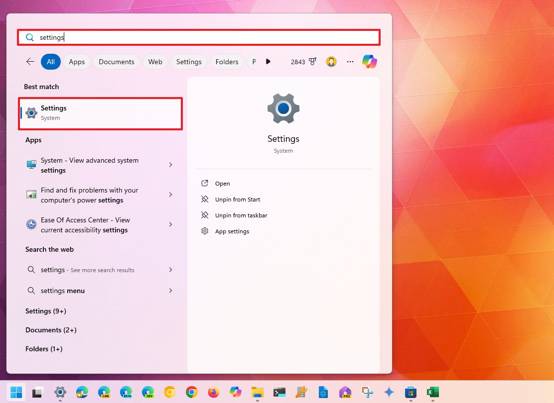 Поиск приложения "Параметры"