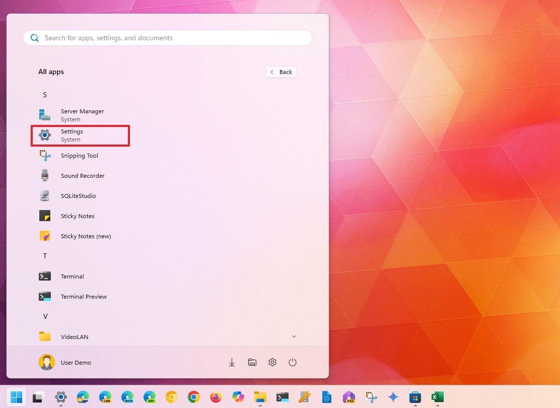 Меню "Все приложения" с приложением "Параметры"