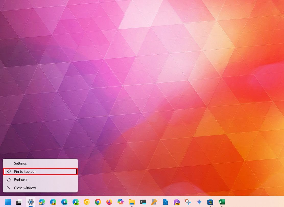 Закрепление "Параметров" на панели задач