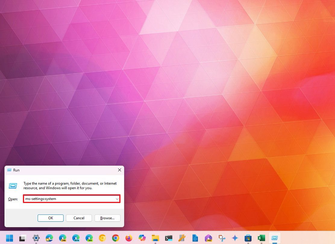 Окно "Выполнить" с командой ms-settings:system