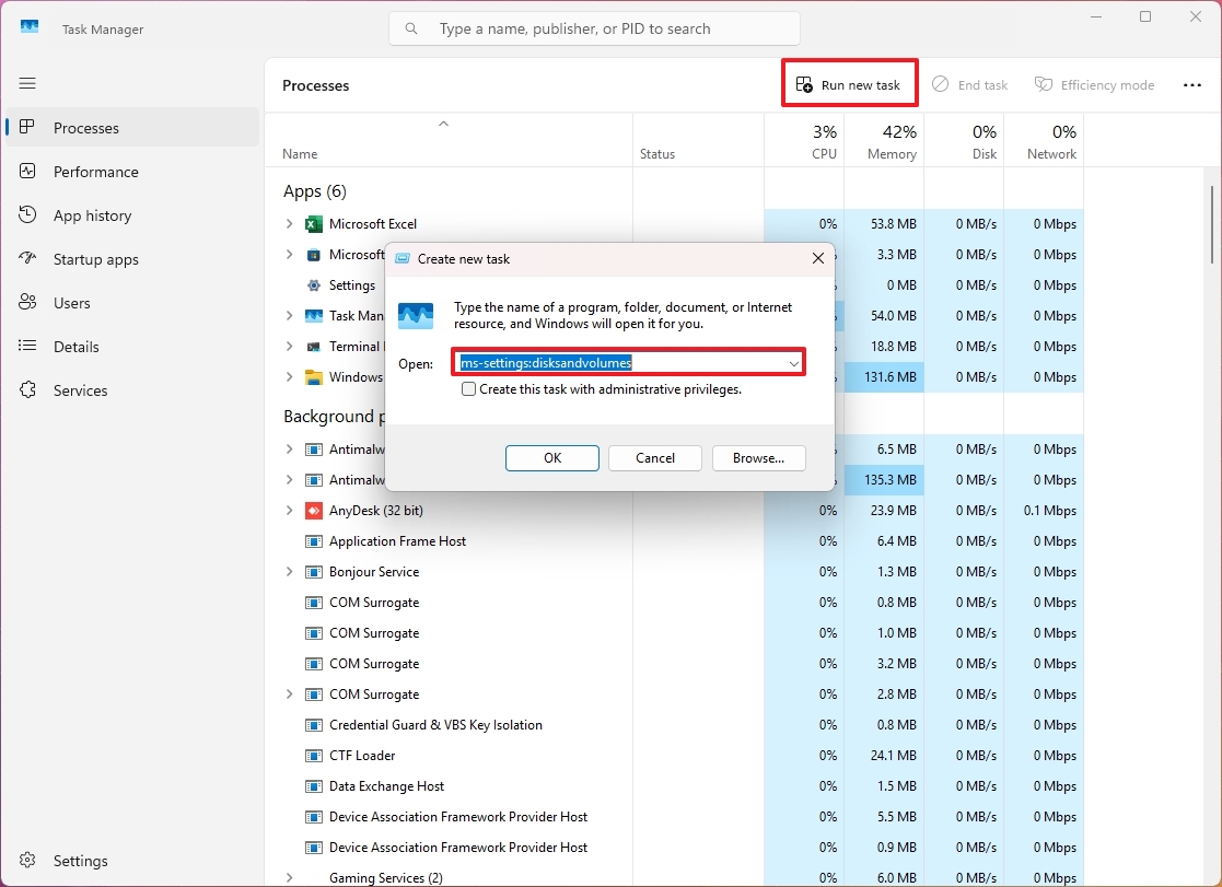 Диспетчер задач - Запуск новой задачи