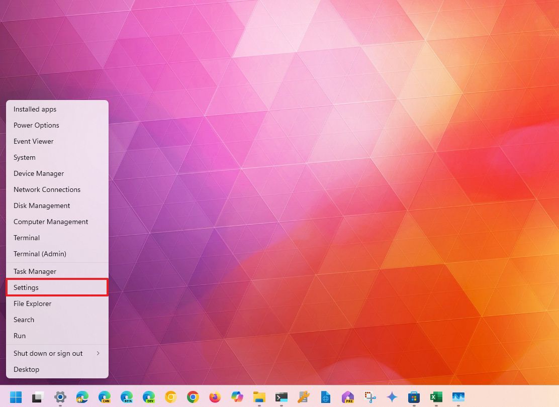Меню кнопки "Пуск" - пункт "Параметры"