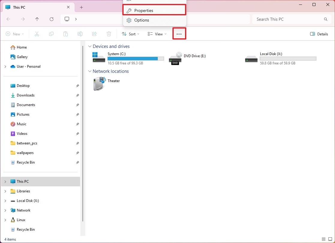 Открытие "Параметров" через проводник