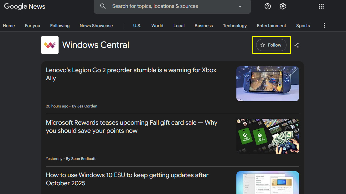 Windows Central в Google News: кнопка "Подписаться" выделена желтым