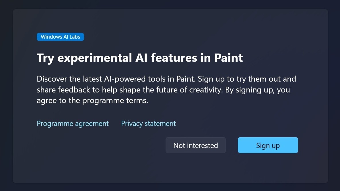 Windows AI Labs registration popup