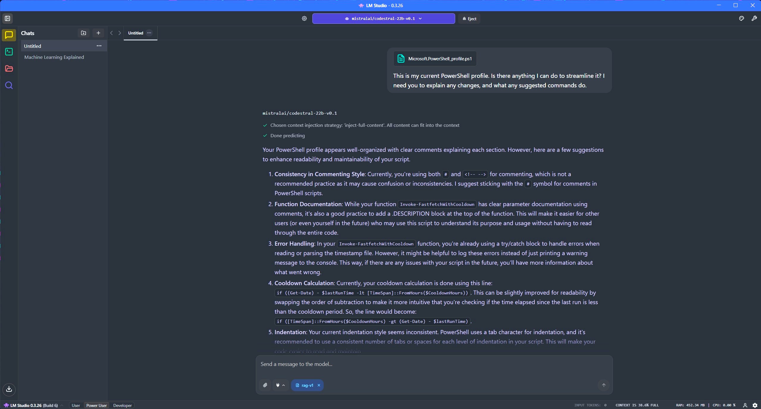 Using Codestral in LM Studio to evaluate a PowerShell script.