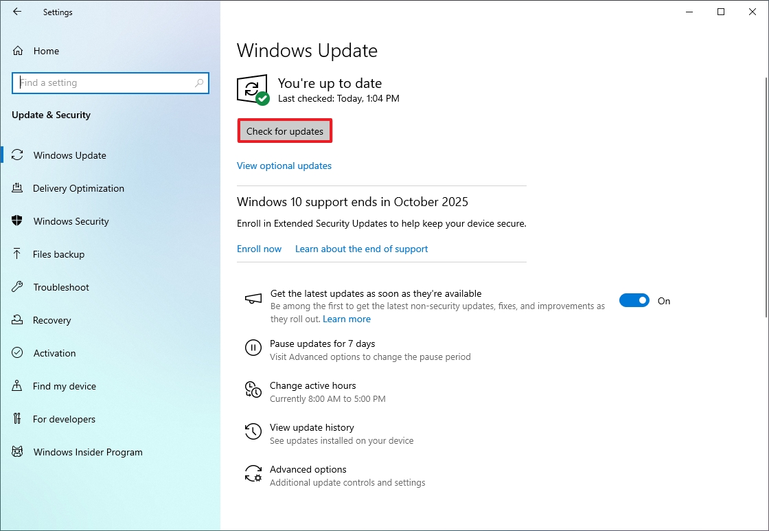 Проверка обновлений Windows 10