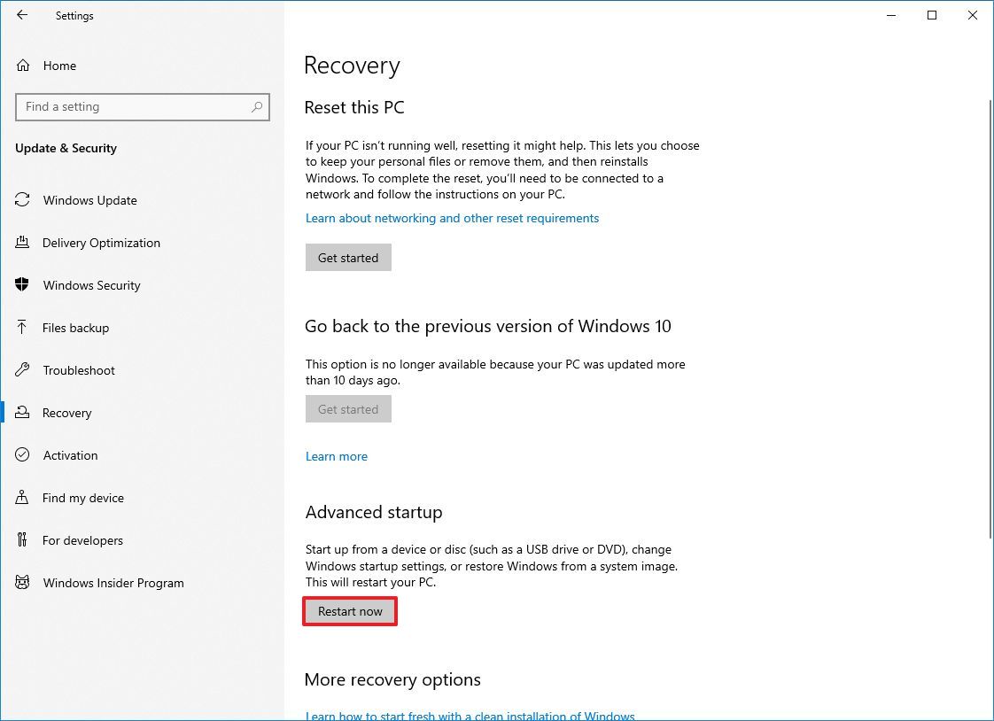 Настройки восстановления Windows 10