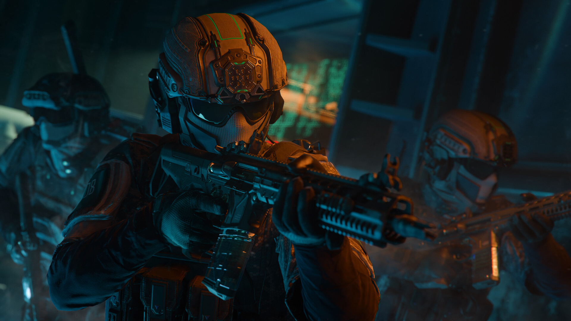 Кадр из Call of Duty: Black Ops 7, солдаты зачищают комнату.
