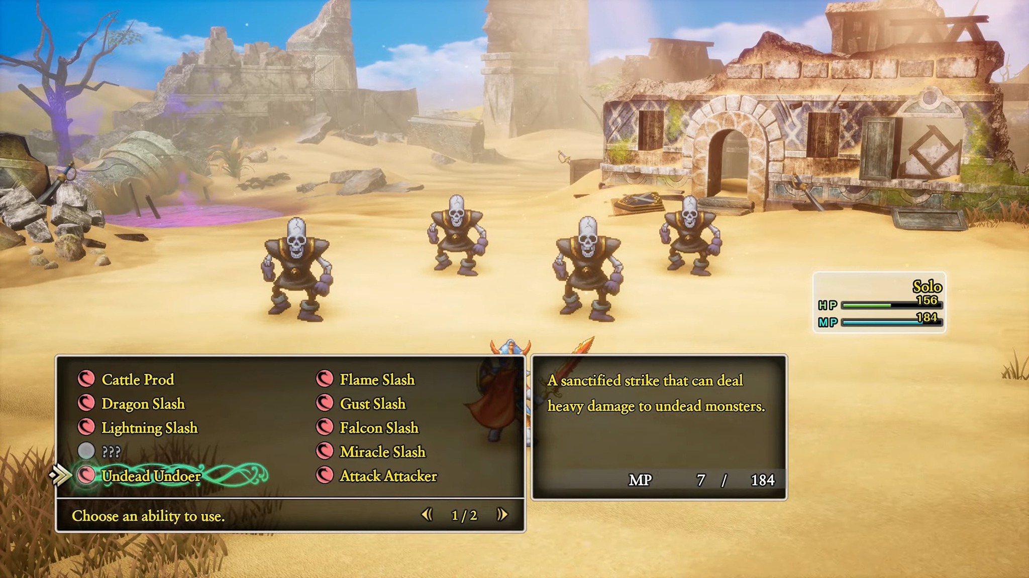 Trailer screenshot of a turn-based battle in Dragon Quest I + II HD-2D Remake