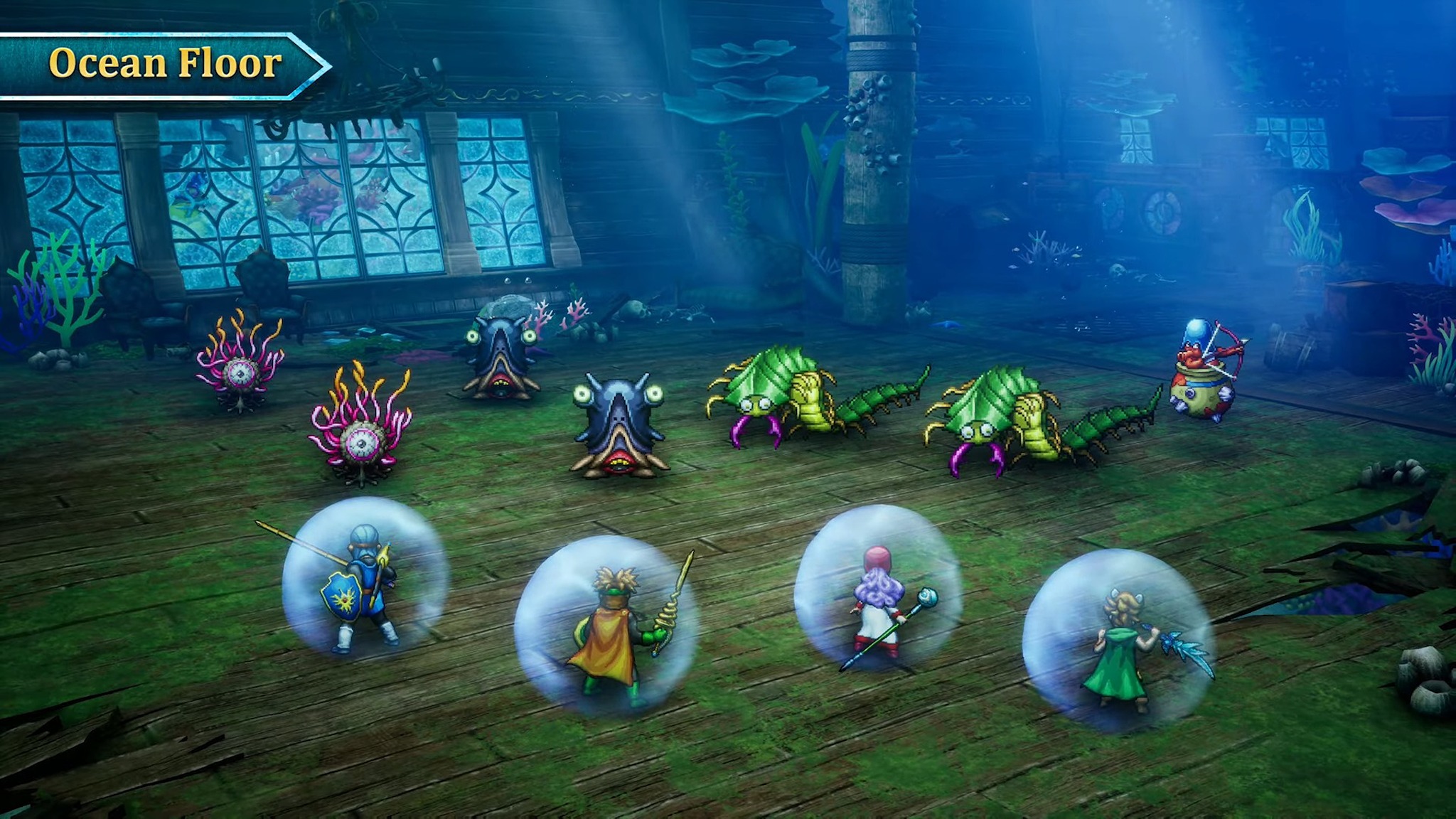 Promotional screenshot of an underwater battle in Dragon Quest I + II HD-2D Remake