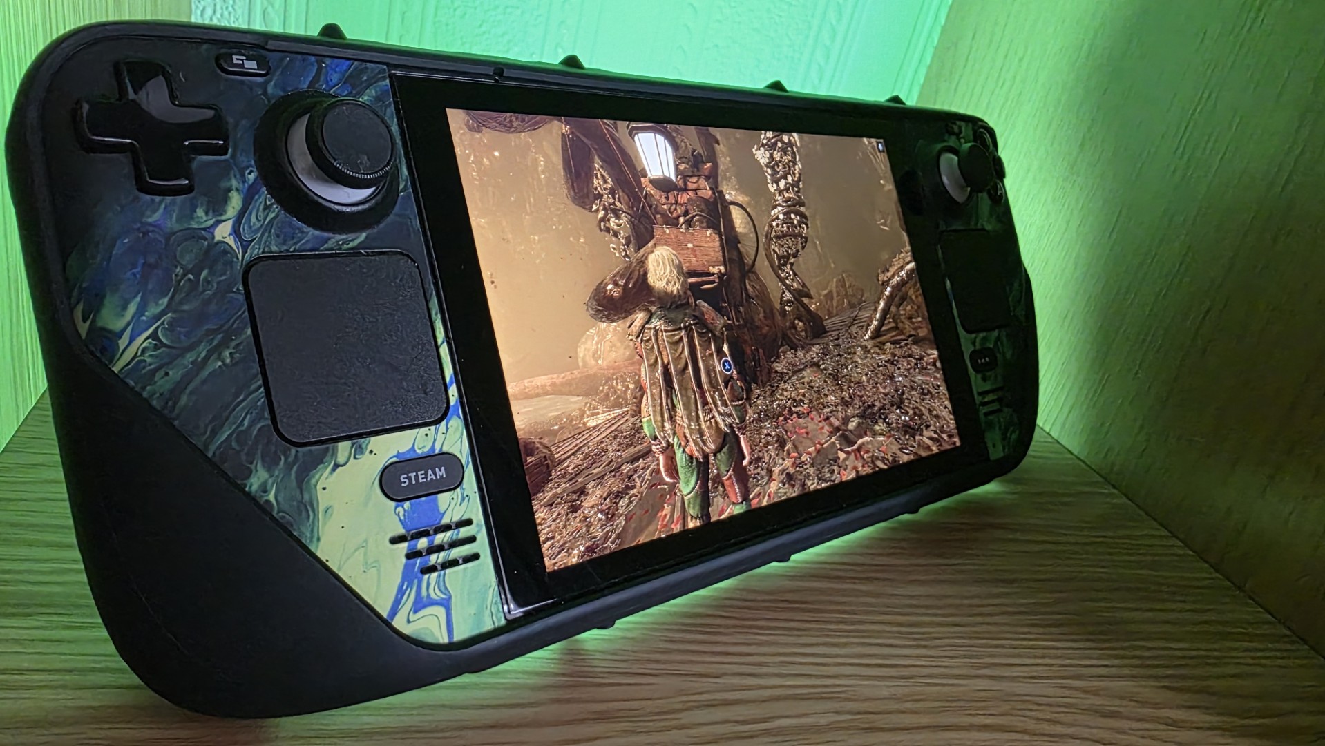 Steam Deck console with NvIdia GeForce Now interface on screeen