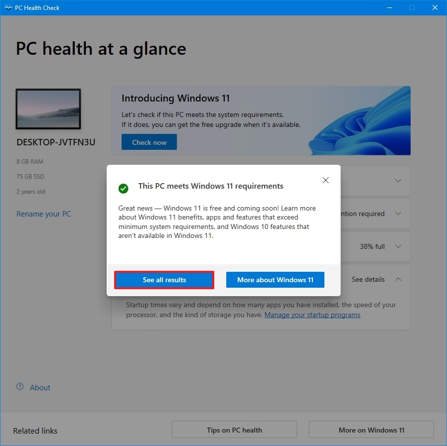 Результаты проверки в приложении PC Health Check