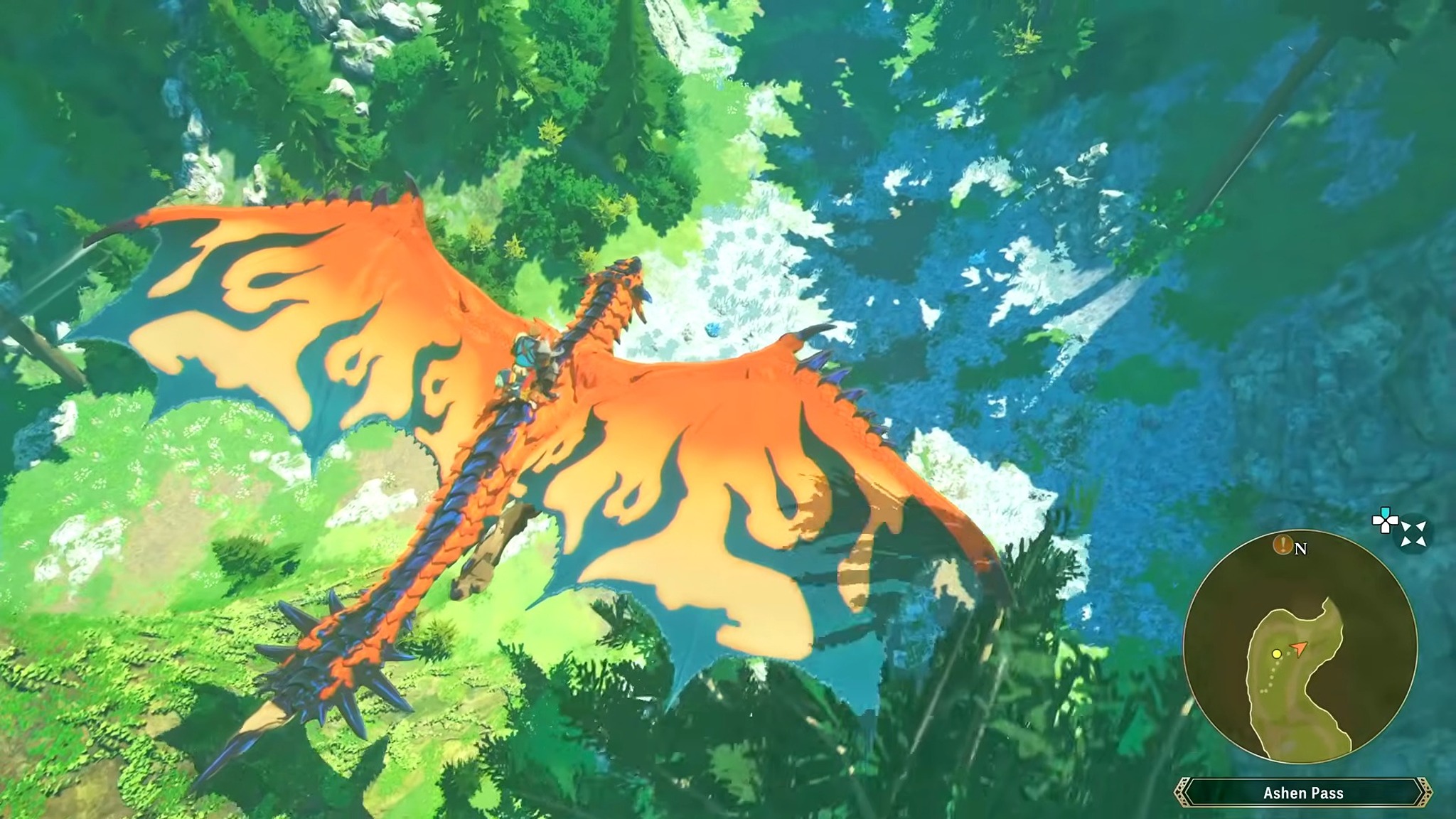 In-game screenshot of a player riding a Rathalos in Monster Hunter Stories 3: Twisted Reflection