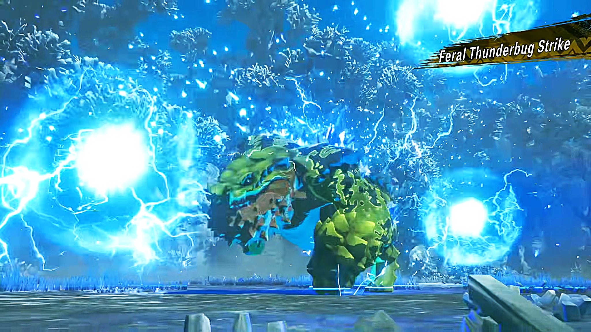 Promotional screenshot of a Feral Chatacabra performing a Feral Attack in Monster Hunter Stories 3: Twisted Reflection