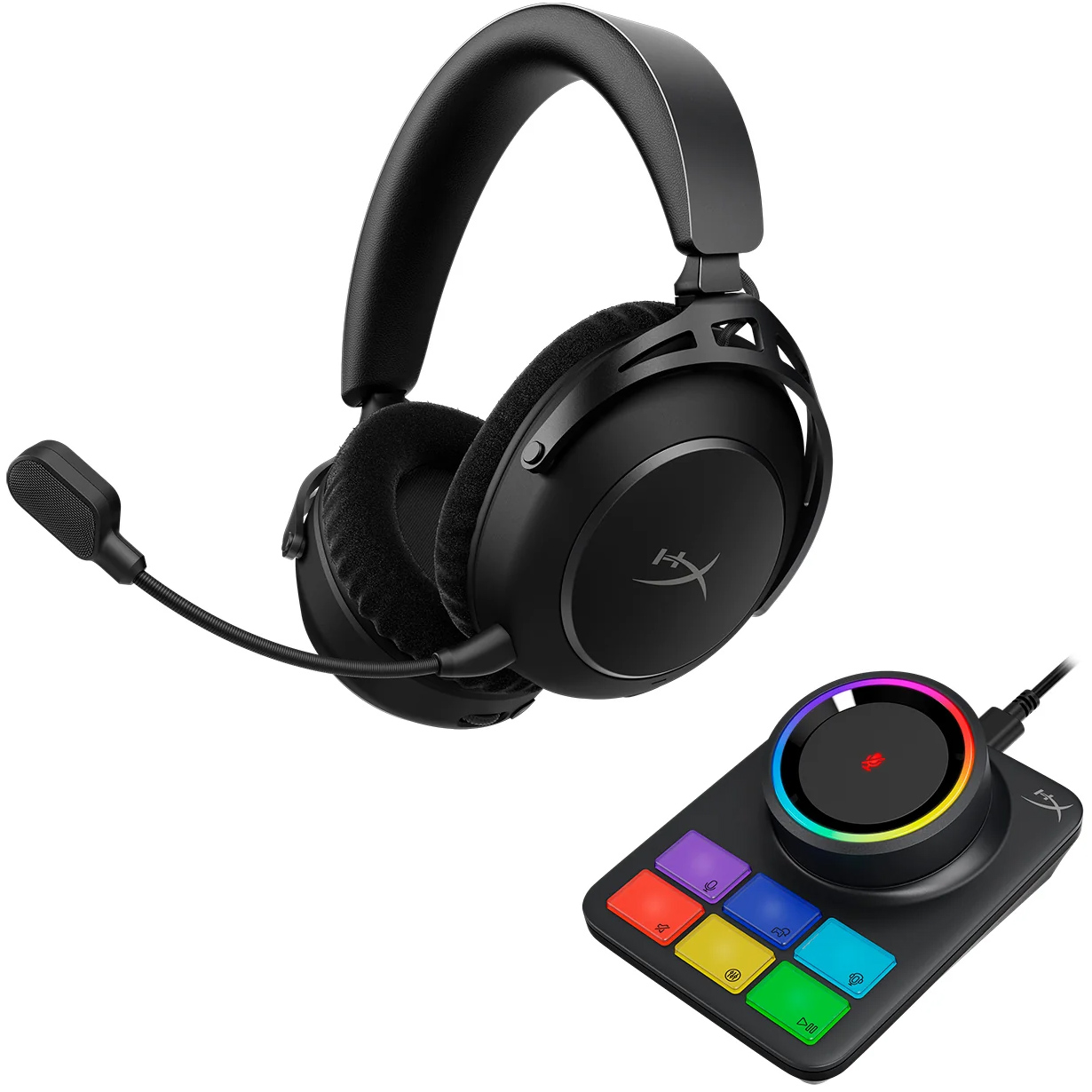 HyperX Cloud Alpha 2 Wireless Gaming Headset и RGB Base Station с элементами управления звуком.